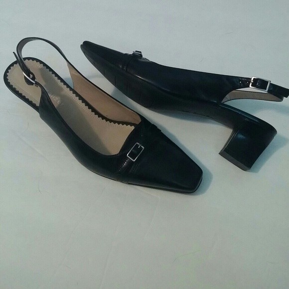 NATURALIZER SHOES KITTEN HEELS SLINGBACK PUMPS LEATHER BLACK SQUARE TOE SIZE 6 - Picture 2 of 10